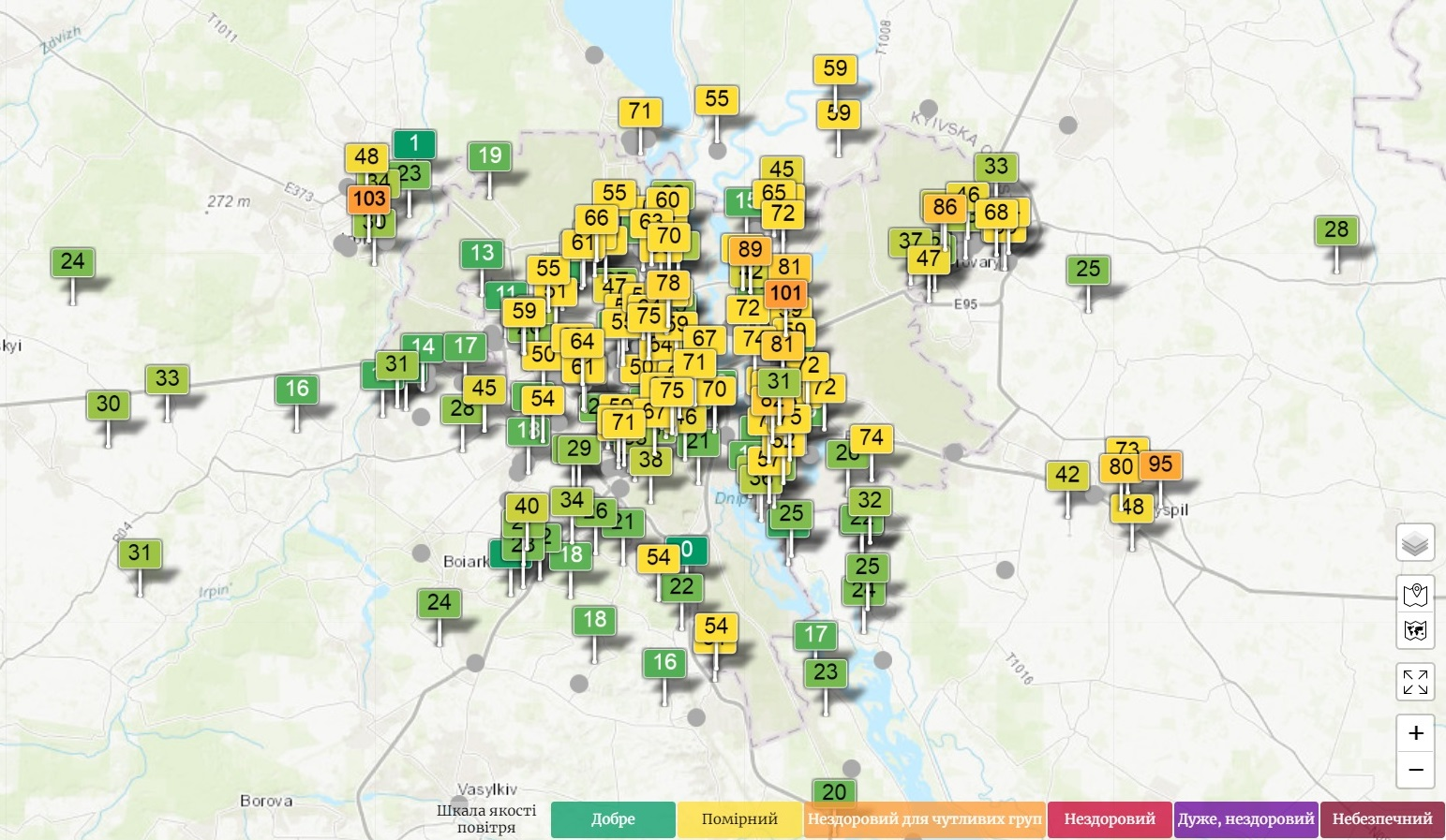 Карта загрязнения воздуха в реальном времени