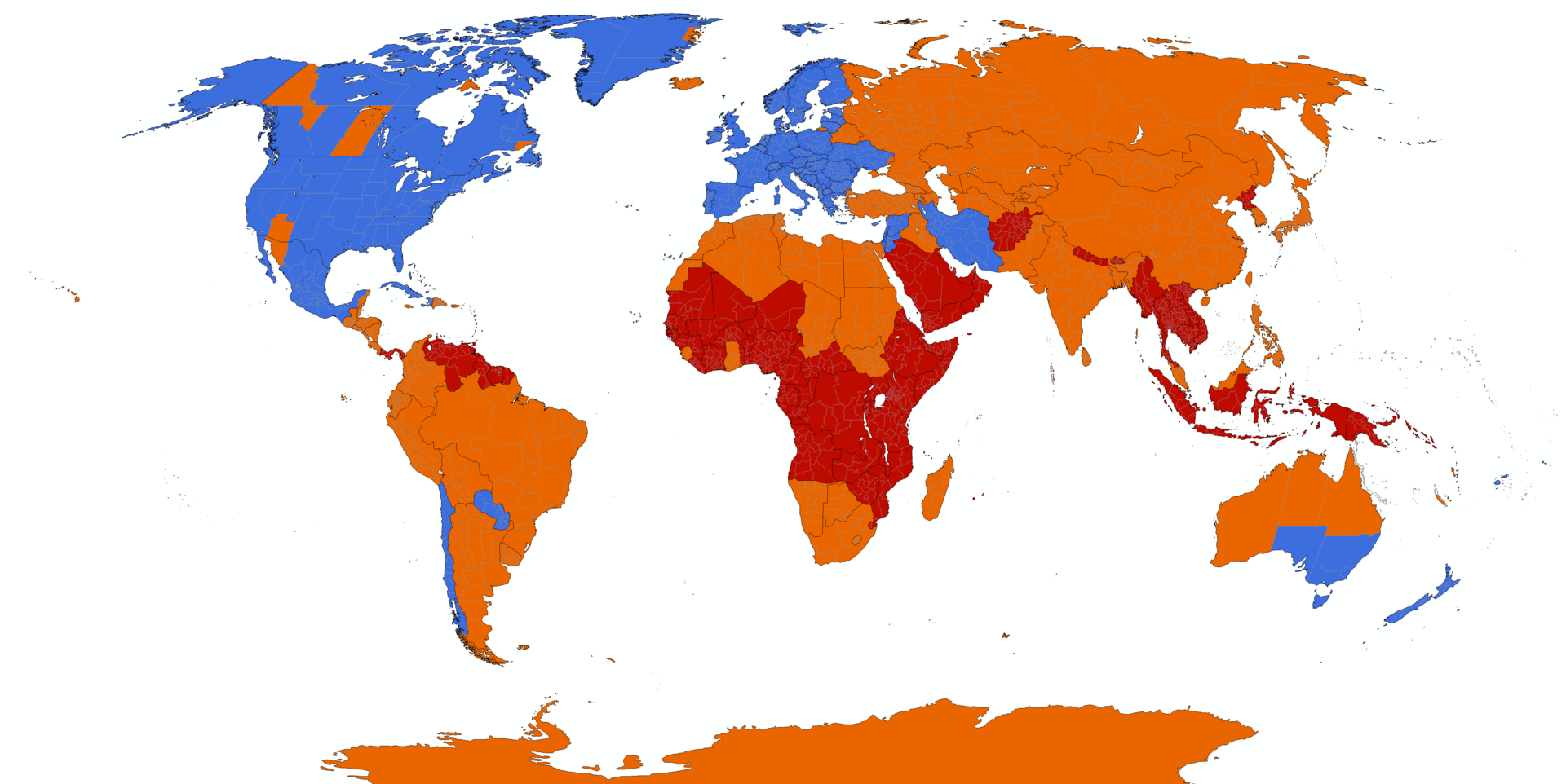 Синие – регионы, где применяется переход на летнее время; оранжевые – регионы, где переход на летнее время был отменен; красные – регионы, где перехода на летнее время никогда не было/Фото: Wikipedia/Изображение кликабельное