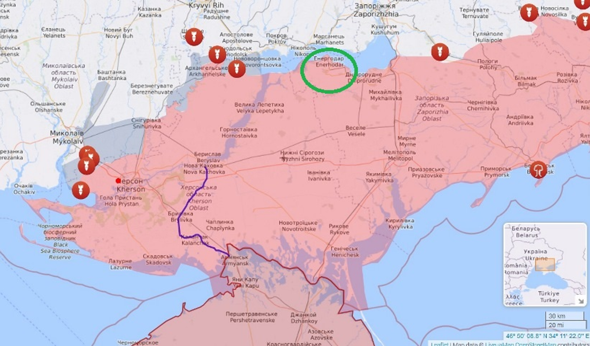 Значительная часть юга Украины оккупирована Россией (территория выделена красным цветом). Город Энергодар обведен зеленым маркером