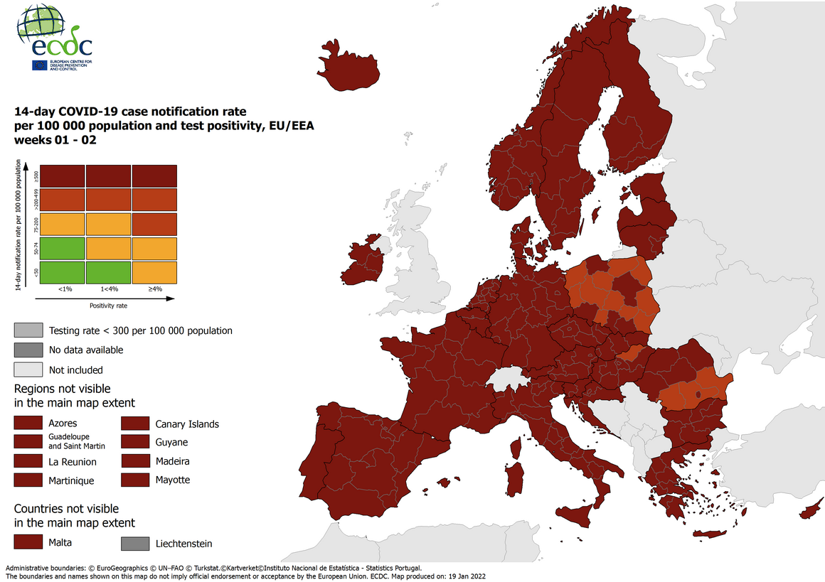 Карта регионов стран-членов ЕС в соответствии с «светофорной» системой, фото: ecdc.europa.eu
