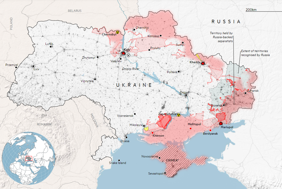 Москва відкине будь-які домовленості з Україною, коли забажає цього. Карта окупації стано на 22 березня Institute for the Study of War , AEI's Critical Threats Project, WorldPop, FT research