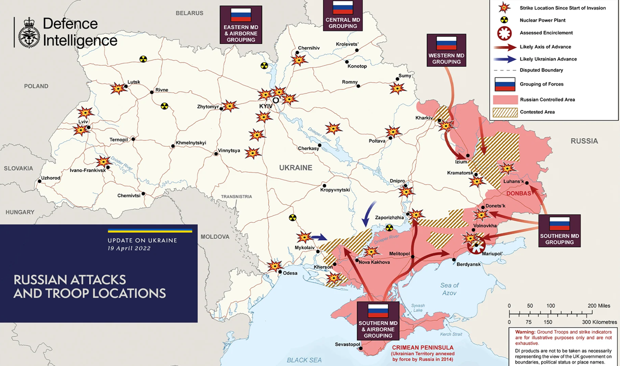 Карта війни в Україні станом на 19 квітня (Джерело: Воєнна розвідка Великої Британії (Defence Intelligence)