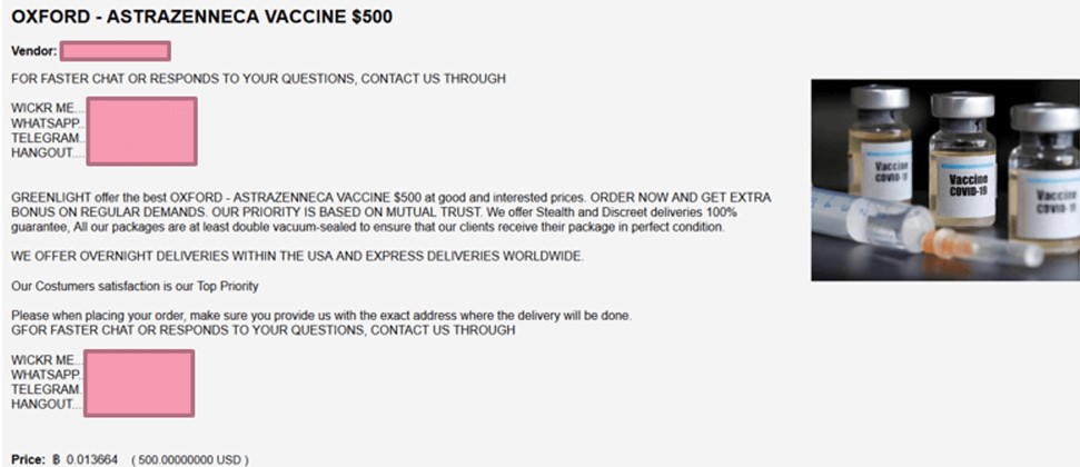 Скріншот оголошення про нелегальний продаж вакцини AstraZeneca. Фото blog.checkpoint.com