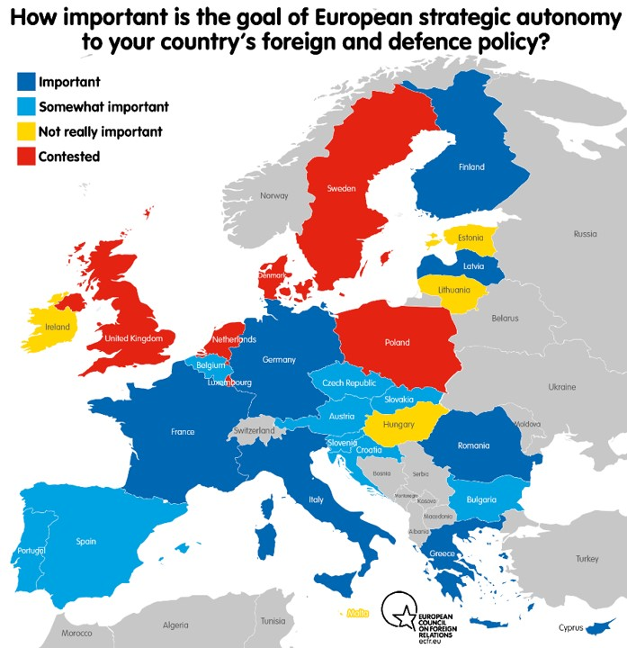 Cтавлення країн Євросоюзу та Великої Британії до питання стратегічної автономії: сині та блакитні – прихильні, червоні та жовтні – у різному ступені не сприймають цієї ініціативи (Графіка 2019 року: European Council on Foreign Relations)
