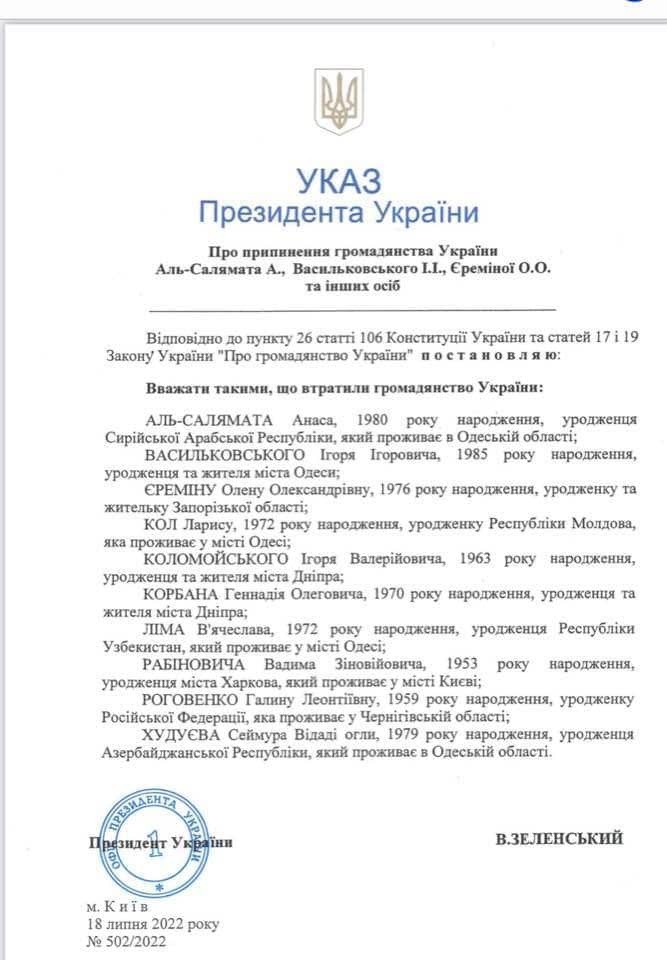 Указ президента України №502/2022 від 18 липня 2022 року