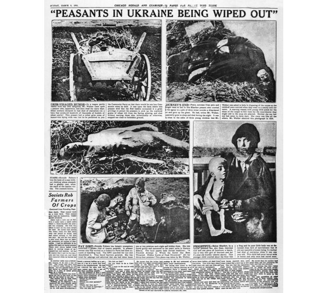Стаття в Chicago Herald & Examiner під заголовком «Селян в Україні знищують» з фотографіями жертв, 3 березня 1936 року. Підзаголовок: «Совєти грабують зерно фермерів»;