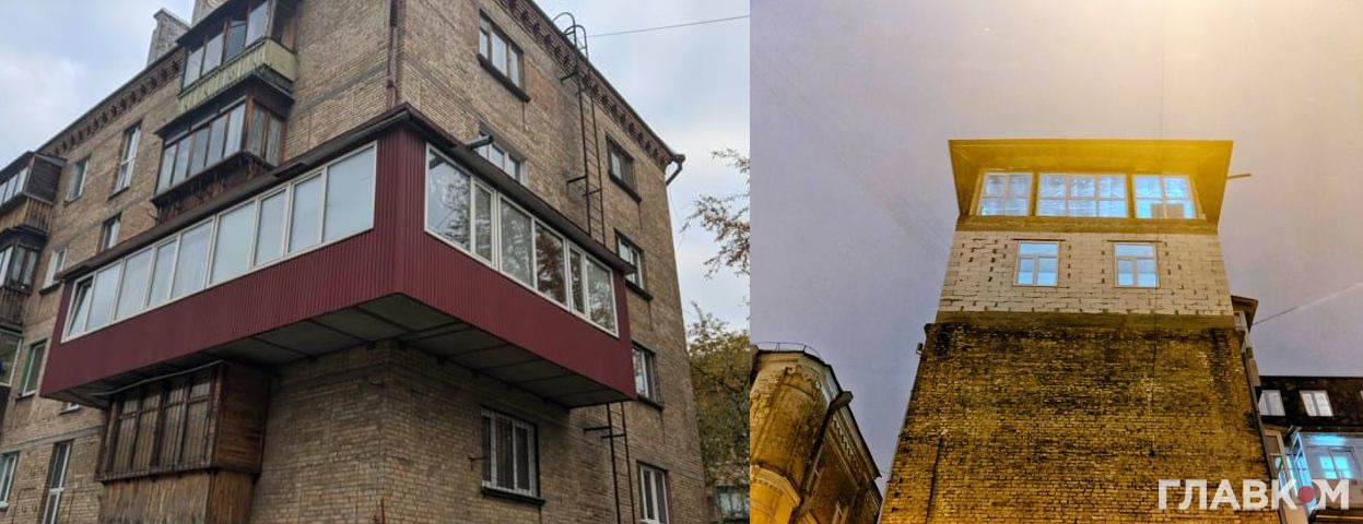 Балкон на столичних Нивках. І прибудова на даху на Прорізній у центрі Києва (фото соцмереж)