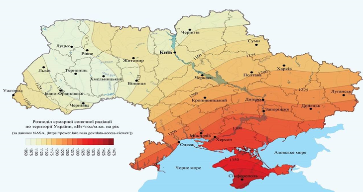  Потенціал сонячної енергії України (джерело – Інститут відновлюваної енергетики)