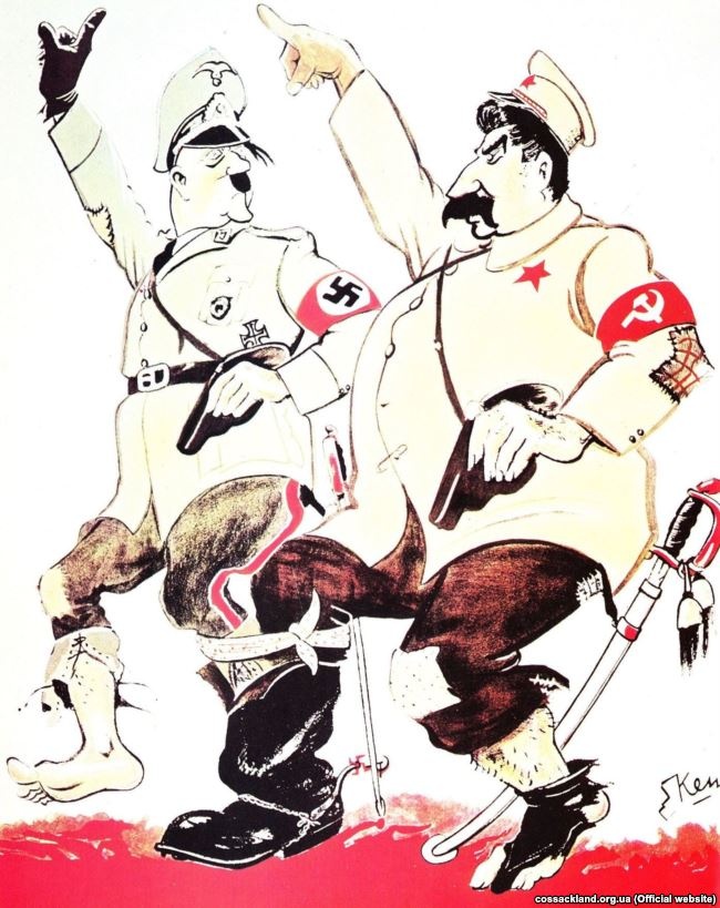 Англійська карикатура 1930-х років: Гітлер і Сталін марширують разом, взуті в один чобіт