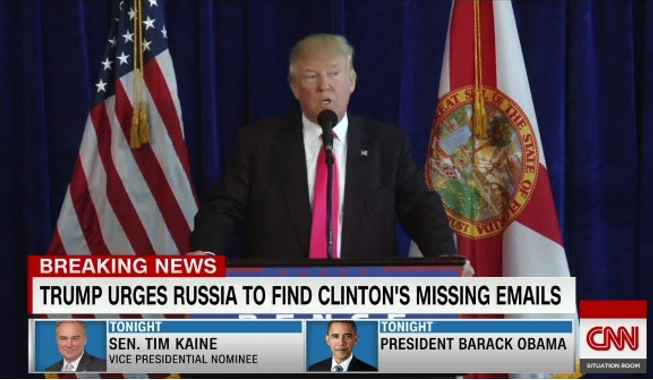 В липні 2016 року Трамп закликав Росію знайти компромат на Гіларі Клінтон. Російські хакери відгукнулись моментально