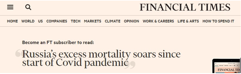 Financial Times: Надмірна смертність у Росії зросла з початку пандемії Covid