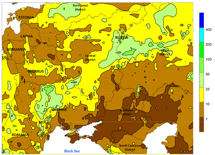 Загальна кількість тижневих опадів (мм) на 5 травня. Дані - Міністерство сільського господарства США (usda.gov)