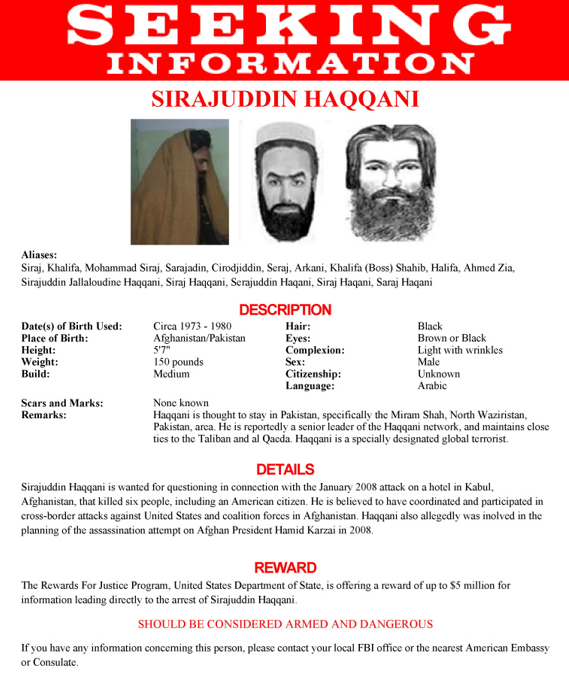 Інформація про розшук Сіраджуддіна Хаккані, розповсюджена ФБР. ФБР/Reuters