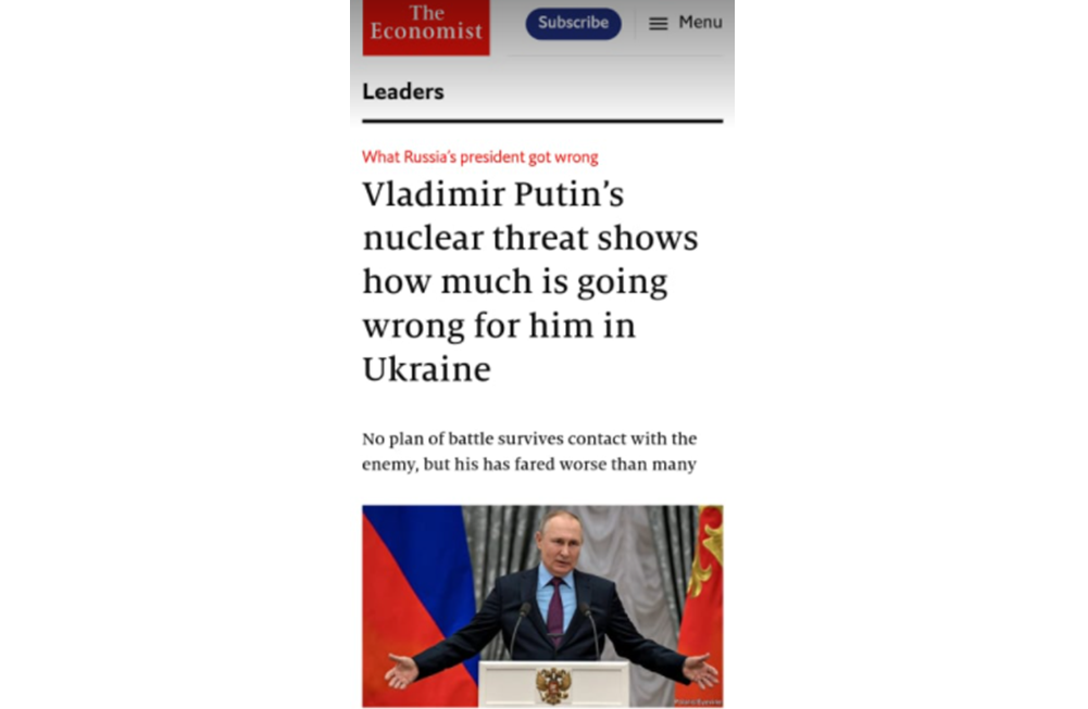 The Economist: Ядерні погрози Володимира Путіна демонструють: для нього в Україні все пішло не за планом