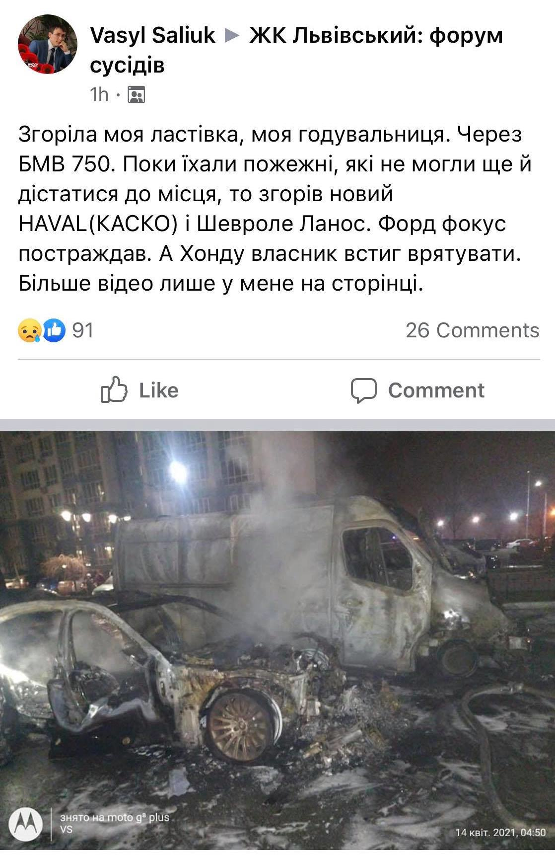 Допис постраждалого власника авто у спільноті ЖК «Львівський» на Facebook