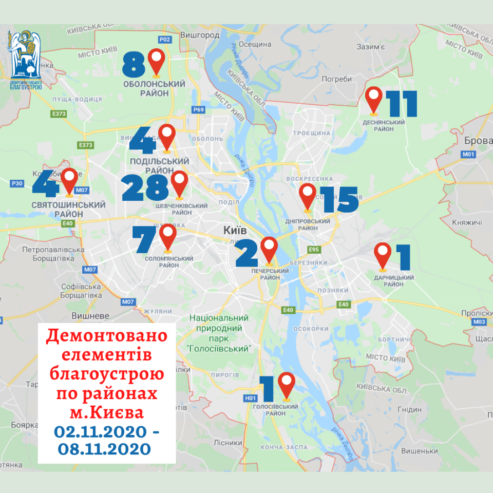 Кількість демонтованих незаконних споруд у районах Києва