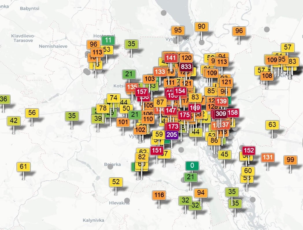 Індекс якості повітря в Києв. Скріншот інтерактивної карти