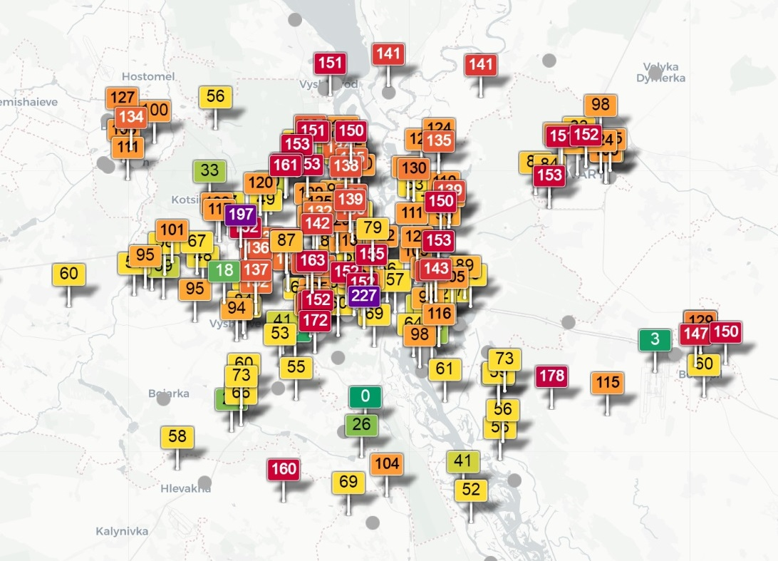 Індекс якості повітря в Києві. Скріншот інтерактивної карти
