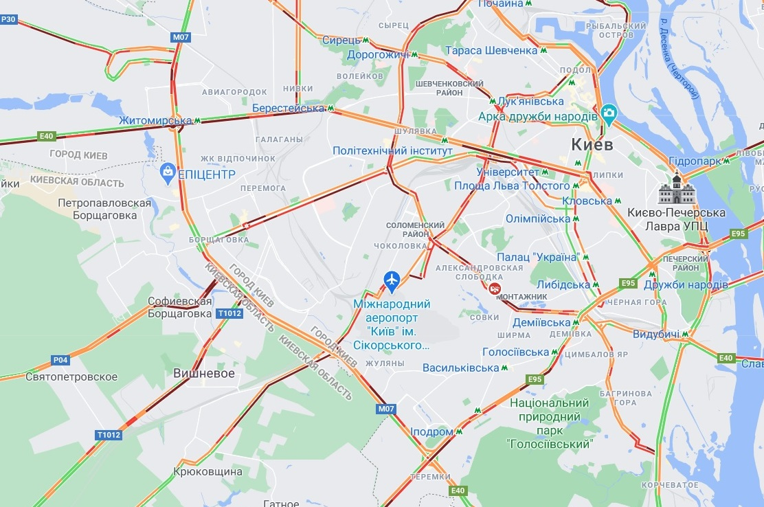 Затори на в'їздах у Київ. Дані Google Maps