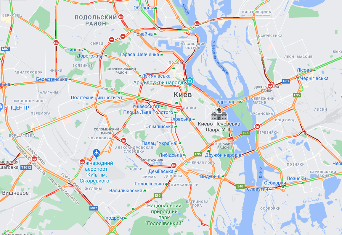 Затори в Києві станом на 12:45. Дані Google Maps