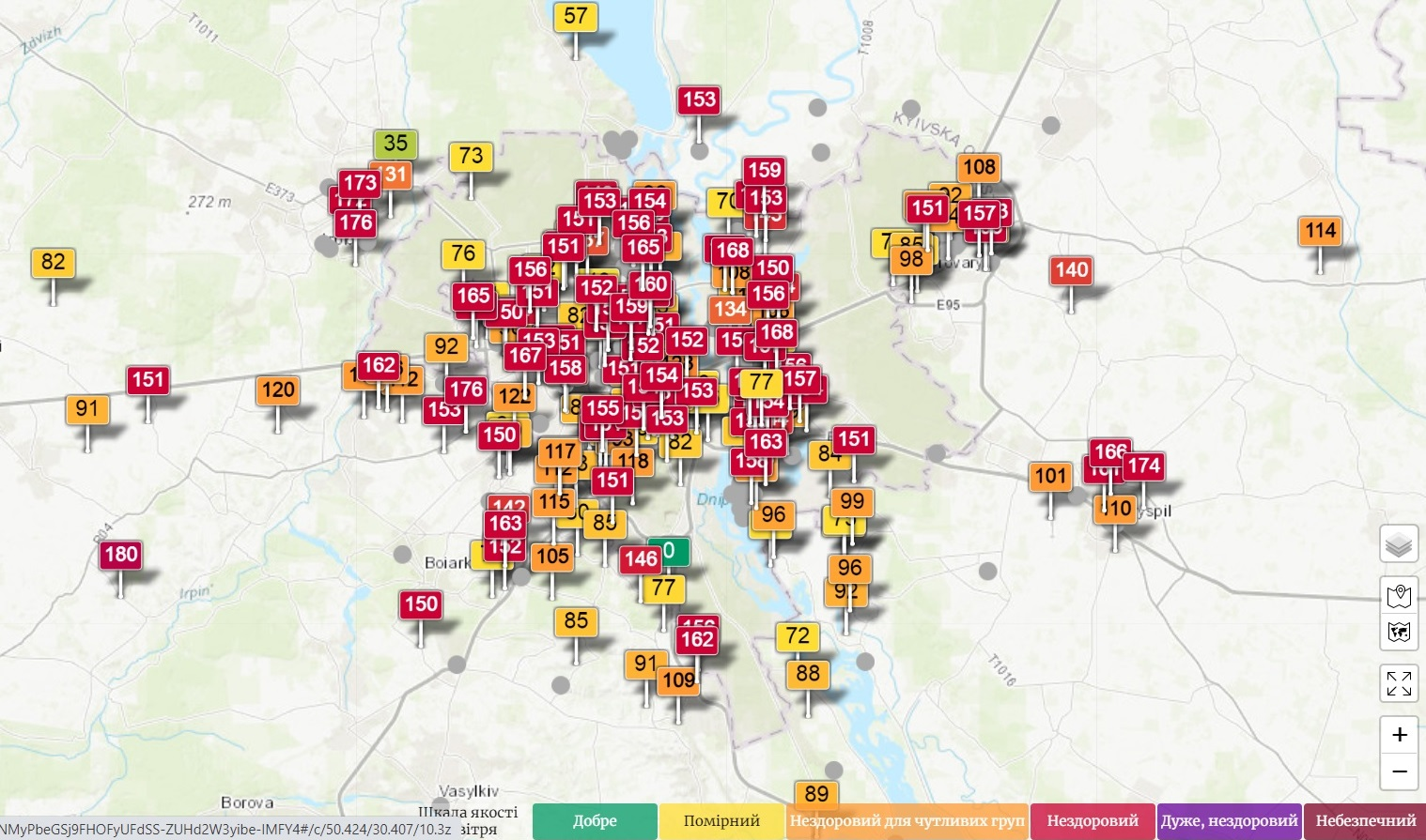 Індекс якості повітря в Києв. Скріншот інтерактивної карти