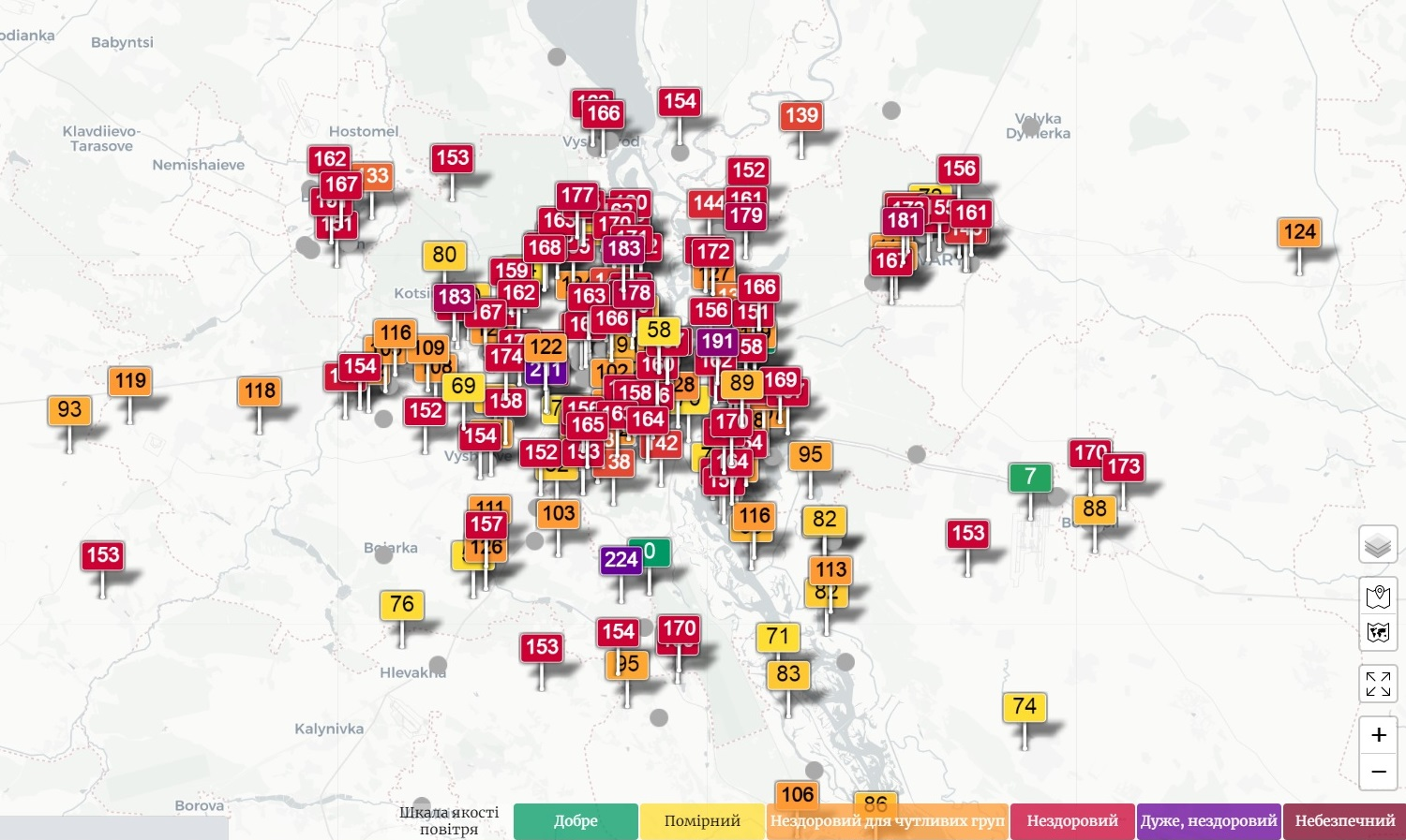Скріншот інтерактивної карти якості повітря