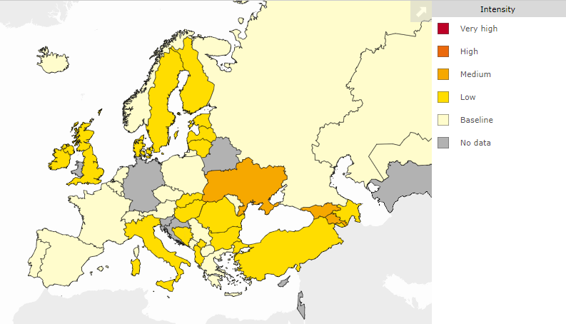 Активність грипу в Європі. В Україні (як і в Грузії та Вірменії) на середину грудня було зафіксовано середню інтенсивність поширення вірусу