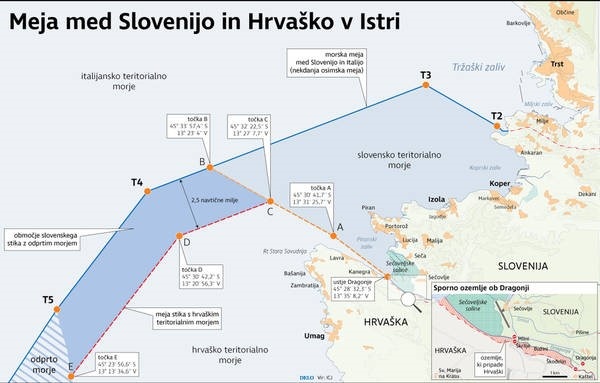 Лінія розмежування між Словенією та Хорватією згідно із рішенням міжнародного арбітражного суду. Джерело: delo.si