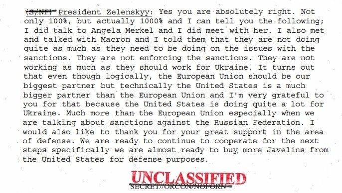 Фрагмент стенограми телефонної розмови, де Зеленський погоджується з Трампом у тому, що Меркель та Макрон роблять для України недостатньо
