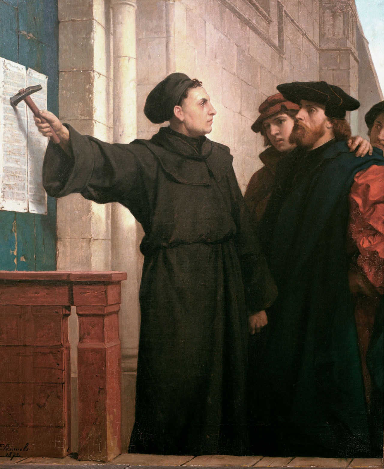 31 жовтня 1517 року. Мартін Лютер власноруч прибиває на воротах Замкової церкви в Віттенберзі свої «95 тез» проти індульгенцій. Історики, щоправда, сумніваються, у достовірності цього факту. Картина художника Фердинанда Паувелса, 1872 рік.