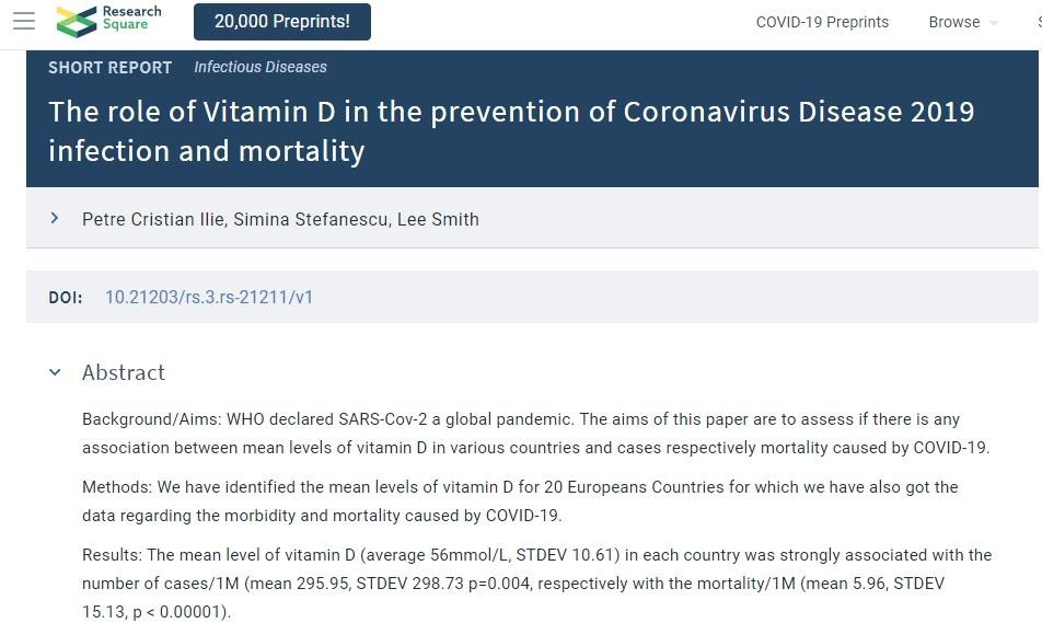 Стаття про те, що дефіцит вітаміну D пов’язаний з ризиком появи важких симптомів COVID-19, опублікована у журналі Research Square