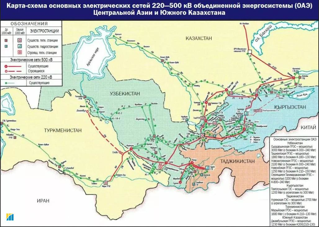 Фото: карта-схема основних електричних мереж 220-500 кВ Об'єднаної енергосистеми Центральної Азії і Південного Казахстану (geoenergetics.info)