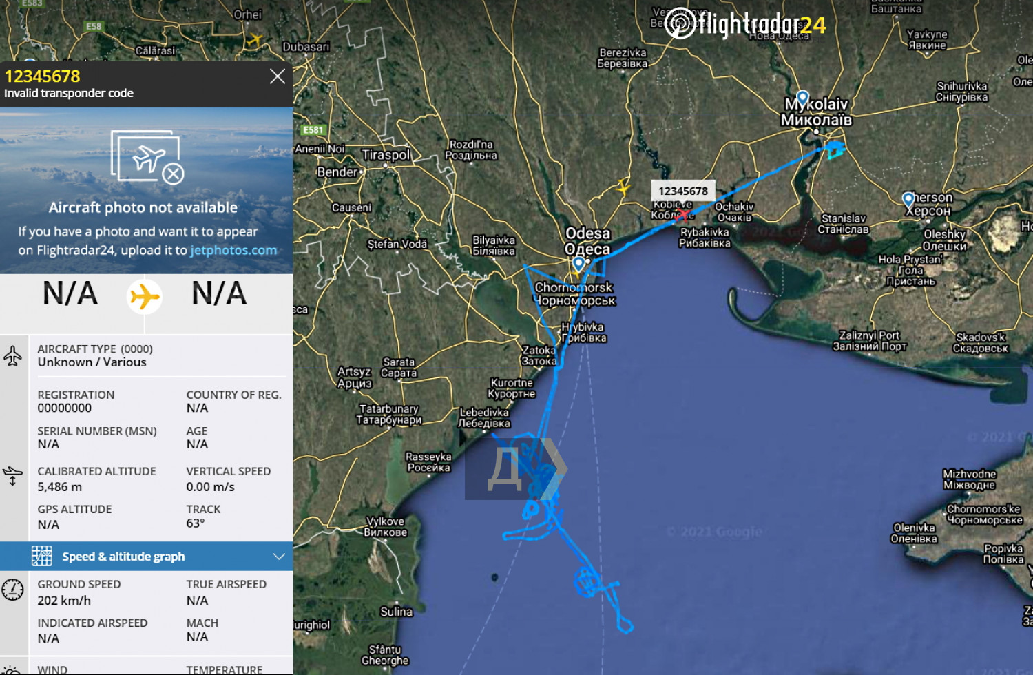 Маршрут польоту українського БПЛА Bayraktar TB2 над Чорним морем. Фото: «Думская»