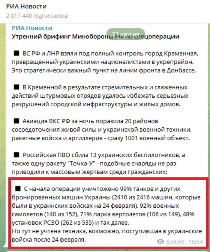 Скріншот з телеграм-каналу прокремлівського ресурсу РИА