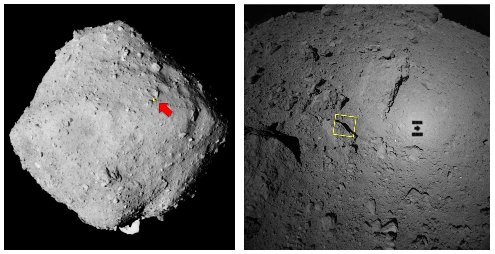 Місце висадки Minerva-II1 на поверхню Рюгу і знімок поверхні, зроблений камерою ONC-W1 з відстані 70 метрів