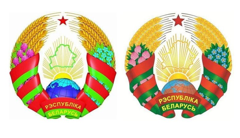 Действующий герб Беларуси (слева) и макет обновленного