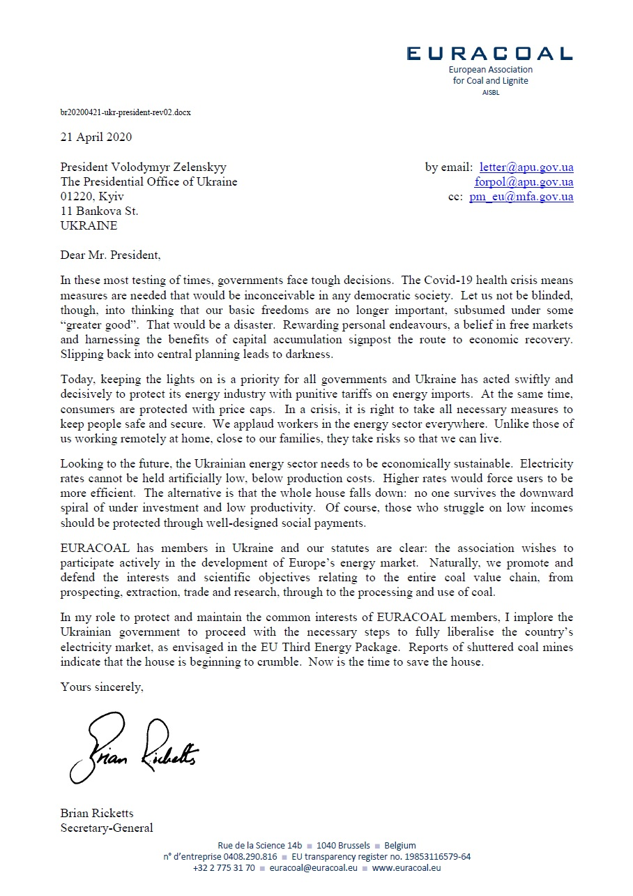 Обращение генерального секретаря Euracoal Брайана Рикеттса к президенту Украины Владимиру Зеленскому